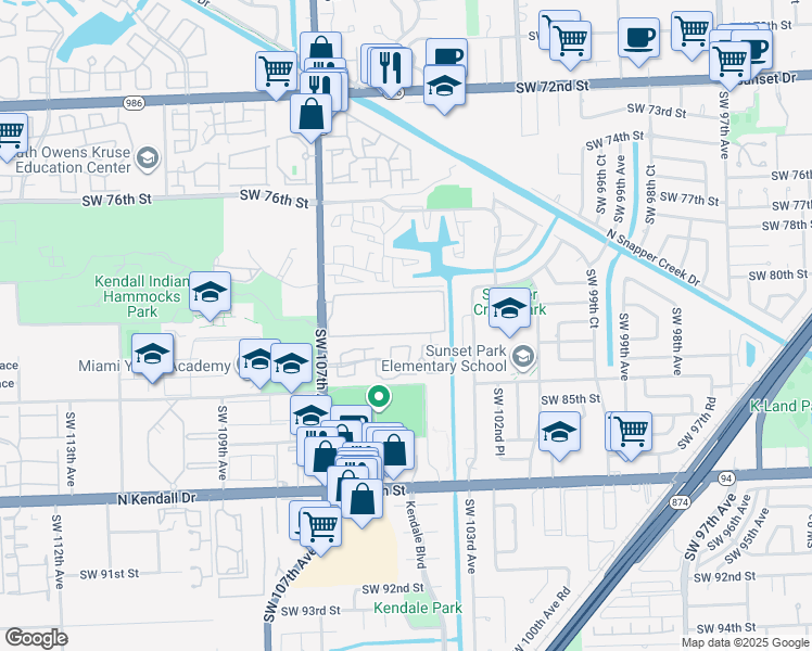 map of restaurants, bars, coffee shops, grocery stores, and more near 8025 Southwest 107th Avenue in Miami