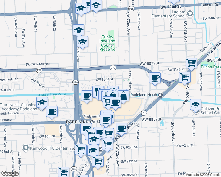 map of restaurants, bars, coffee shops, grocery stores, and more near 7324 Southwest 82nd Street in Miami