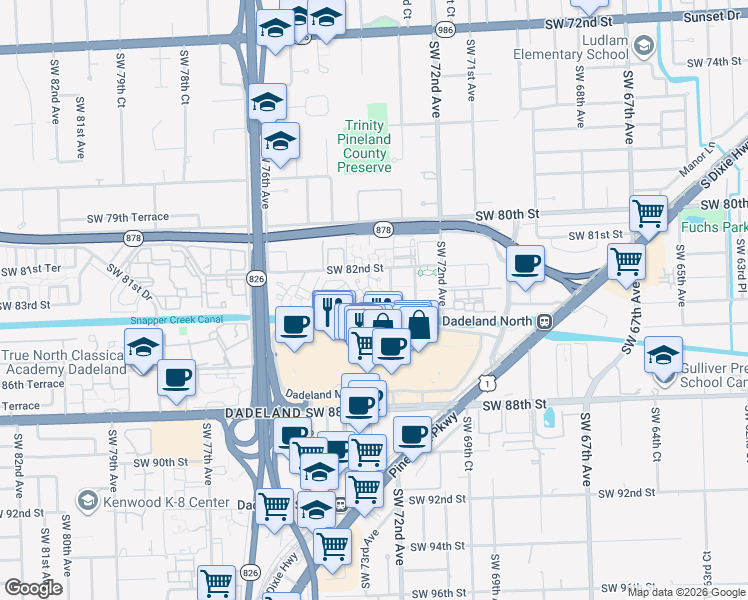 map of restaurants, bars, coffee shops, grocery stores, and more near 7324 Southwest 82nd Street in Miami