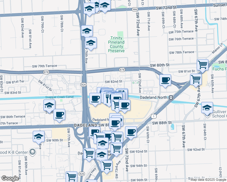 map of restaurants, bars, coffee shops, grocery stores, and more near 7360 Southwest 82nd Street in Miami