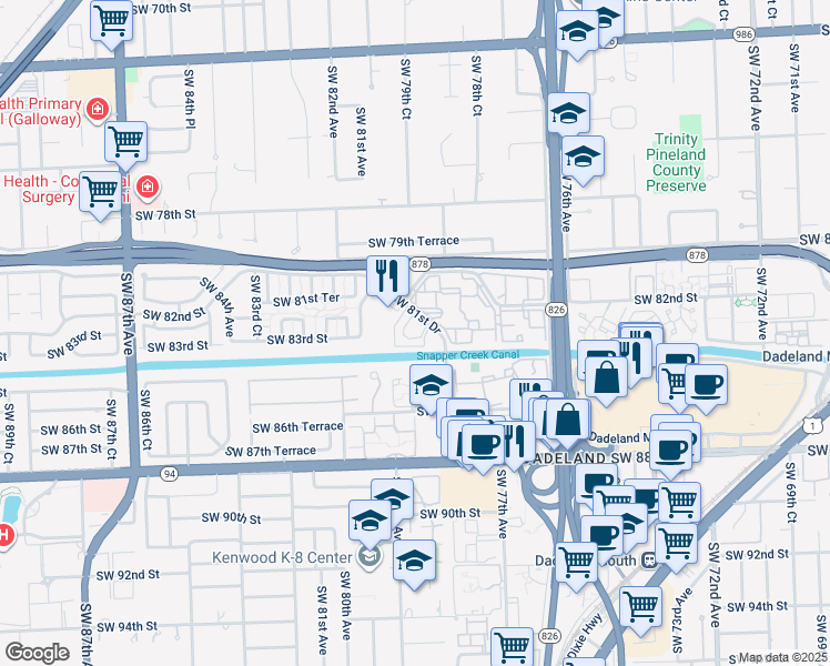 map of restaurants, bars, coffee shops, grocery stores, and more near in Glenvar Heights
