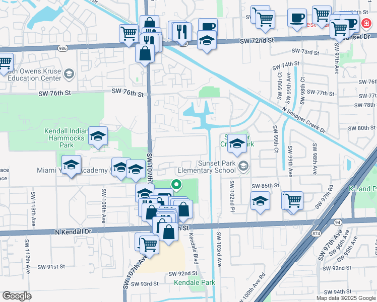 map of restaurants, bars, coffee shops, grocery stores, and more near 8025 Southwest 107th Avenue in Miami
