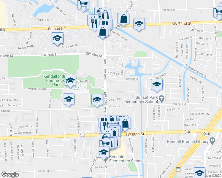 map of restaurants, bars, coffee shops, grocery stores, and more near 8045 Florida 985 in Miami