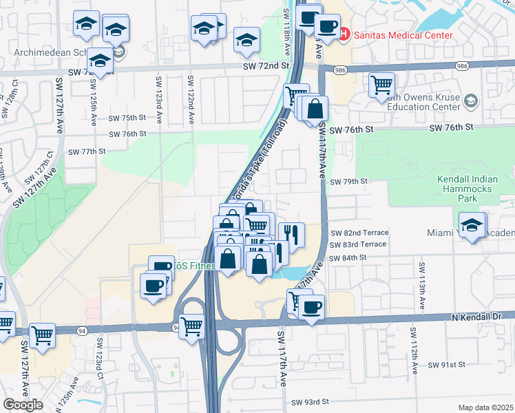 map of restaurants, bars, coffee shops, grocery stores, and more near 12002 Southwest 79th Lane in Miami