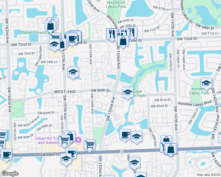 map of restaurants, bars, coffee shops, grocery stores, and more near 7841 Southwest 152nd Avenue in Miami