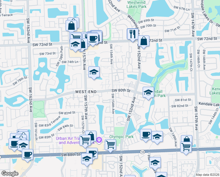 map of restaurants, bars, coffee shops, grocery stores, and more near 15471 Southwest 77th Circle Avenue in Miami