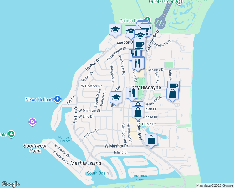 map of restaurants, bars, coffee shops, grocery stores, and more near 415 Hampton Lane in Key Biscayne