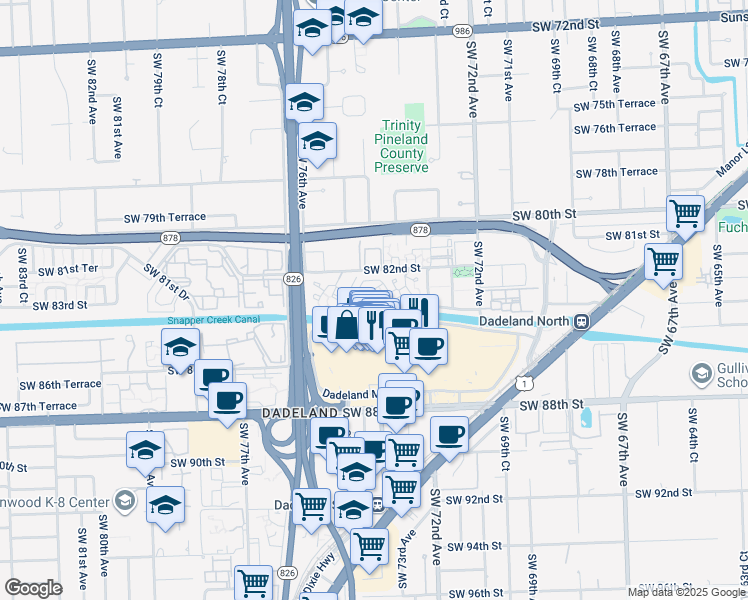 map of restaurants, bars, coffee shops, grocery stores, and more near 7520 Southwest 82nd Street in Miami