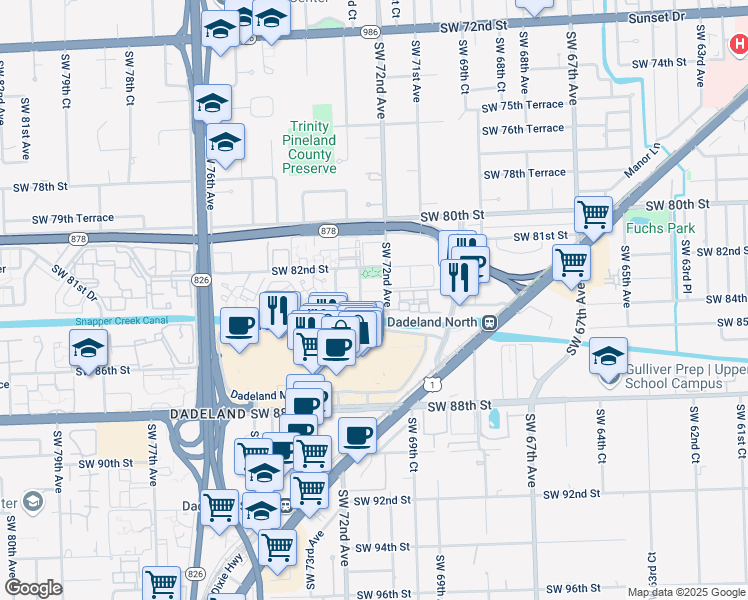 map of restaurants, bars, coffee shops, grocery stores, and more near 8255 Southwest 72nd Court in Miami