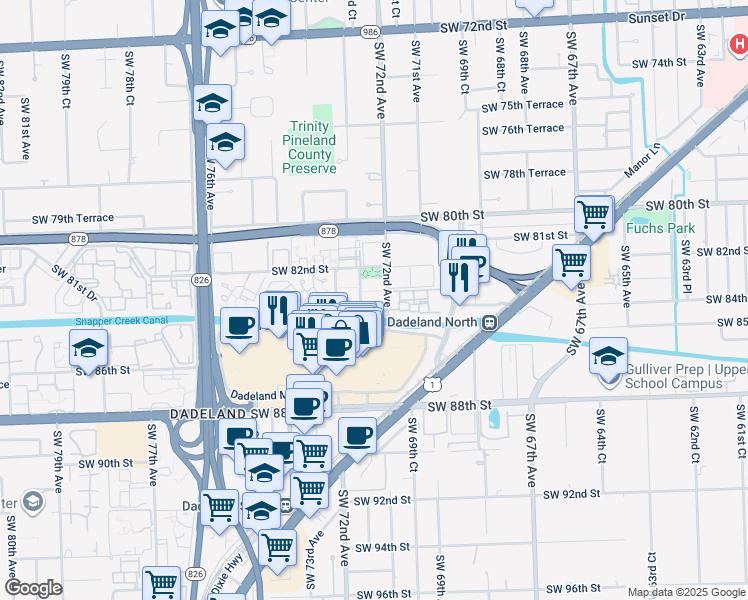 map of restaurants, bars, coffee shops, grocery stores, and more near 8390 Southwest 72nd Avenue in Miami