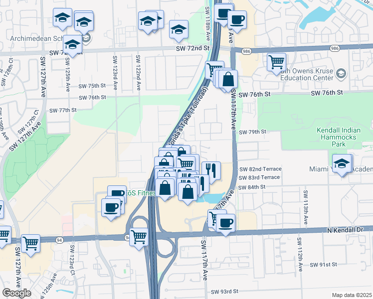 map of restaurants, bars, coffee shops, grocery stores, and more near 12002 Southwest 79th Lane in Miami