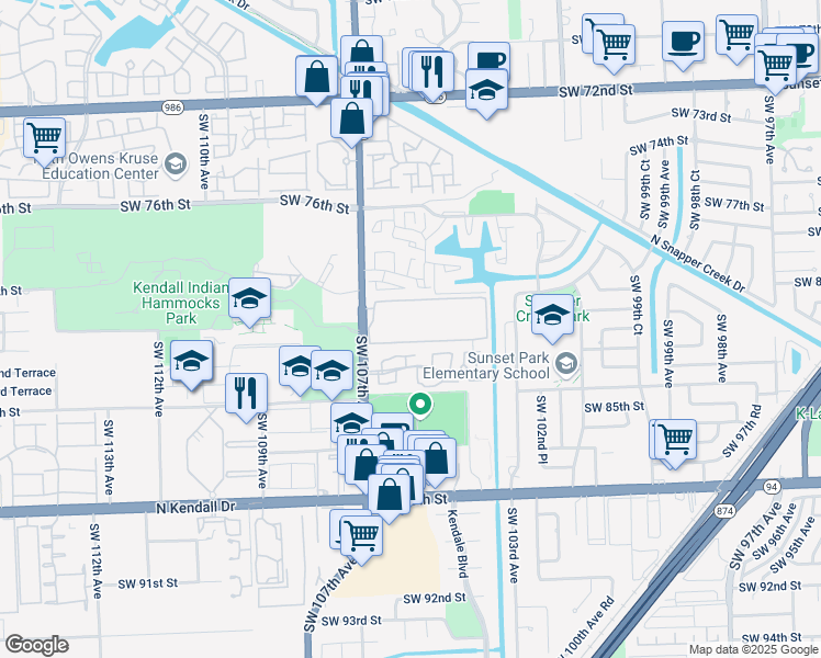 map of restaurants, bars, coffee shops, grocery stores, and more near 8015 Southwest 107th Avenue in Miami