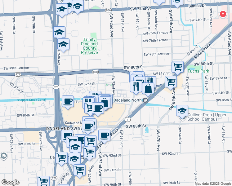 map of restaurants, bars, coffee shops, grocery stores, and more near 8217 Southwest 72nd Avenue in Miami