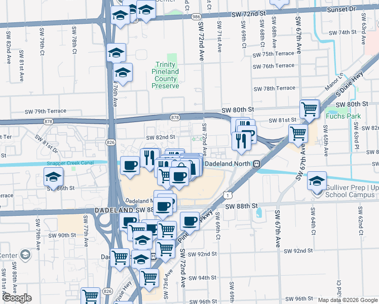 map of restaurants, bars, coffee shops, grocery stores, and more near 8255 Southwest 72nd Court in Miami
