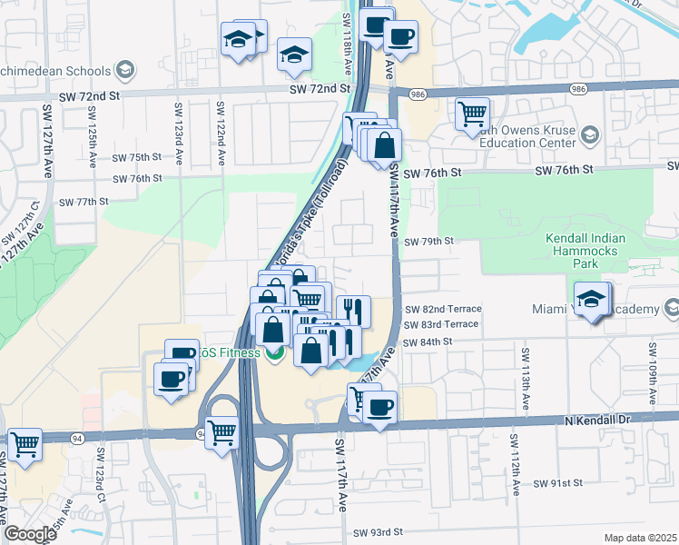 map of restaurants, bars, coffee shops, grocery stores, and more near 8033 Southwest 118th Court in Miami