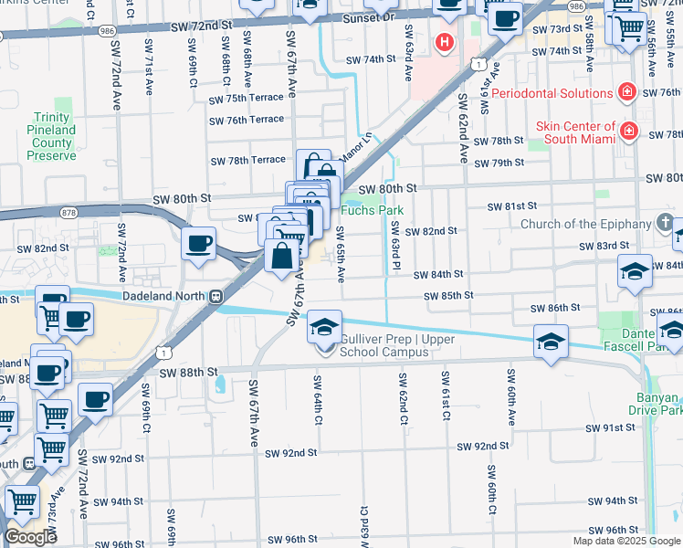 map of restaurants, bars, coffee shops, grocery stores, and more near 8360 Southwest 65th Avenue in Miami