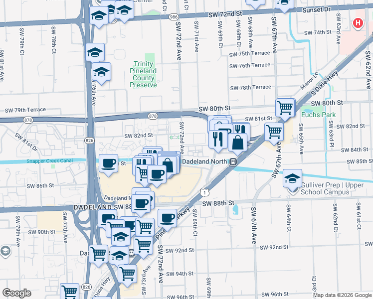 map of restaurants, bars, coffee shops, grocery stores, and more near 8217 Southwest 72nd Avenue in Miami
