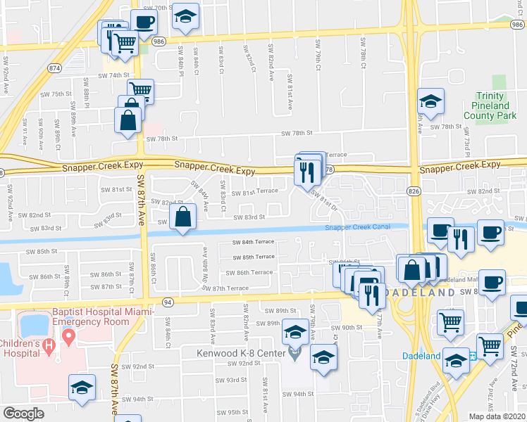 map of restaurants, bars, coffee shops, grocery stores, and more near 8204 Southwest 81st Place in Miami