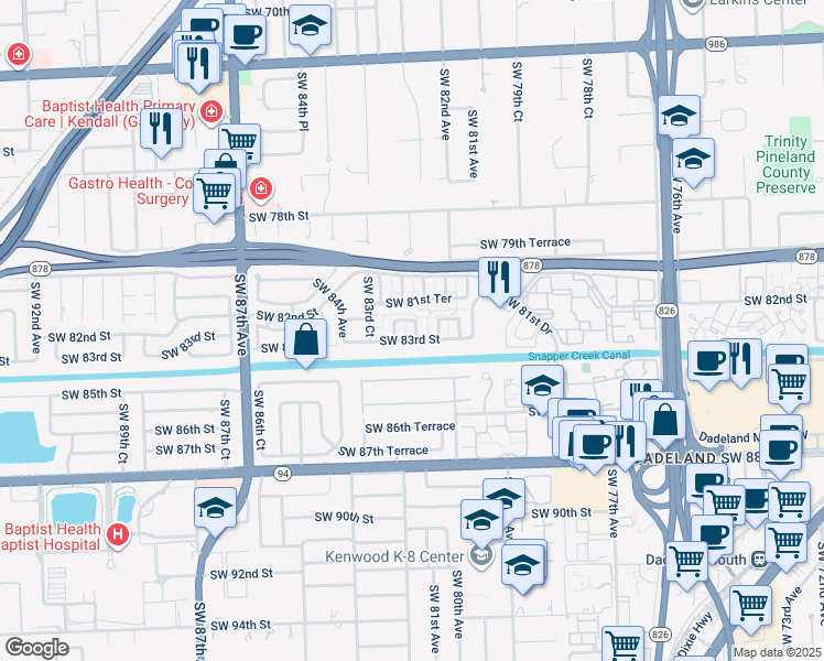 map of restaurants, bars, coffee shops, grocery stores, and more near 8204 Southwest 81st Place in Miami