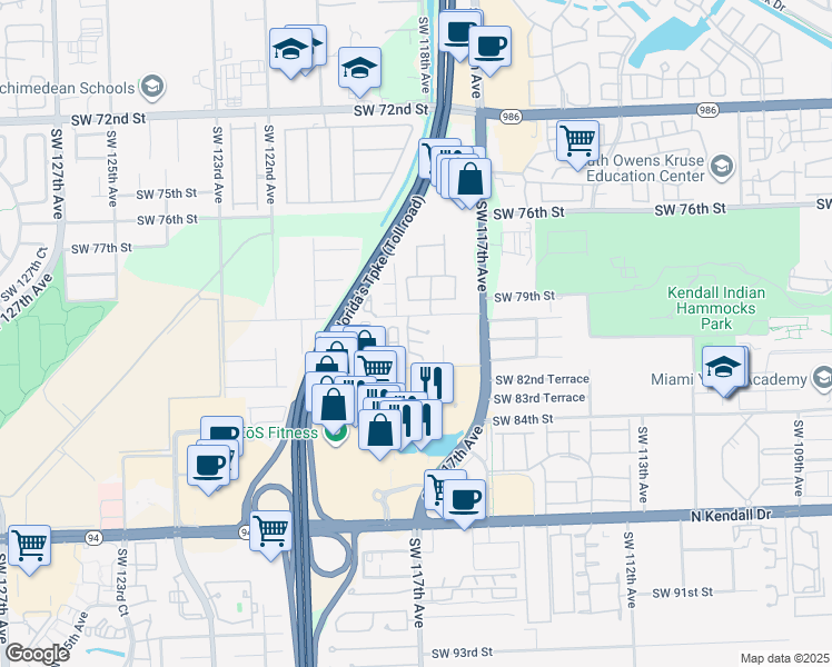 map of restaurants, bars, coffee shops, grocery stores, and more near 8033 Southwest 118th Court in Miami