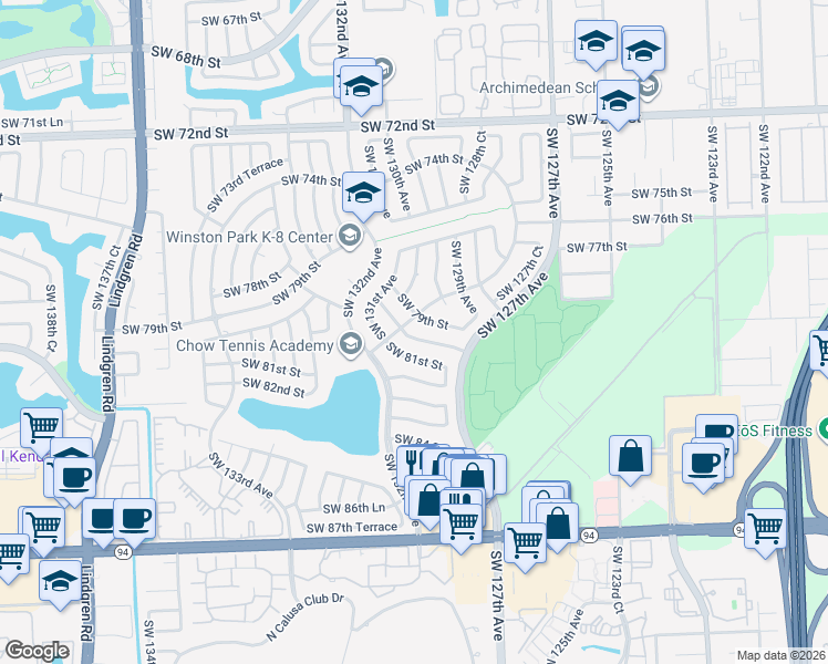 map of restaurants, bars, coffee shops, grocery stores, and more near 13031 Southwest 80th Street in Miami