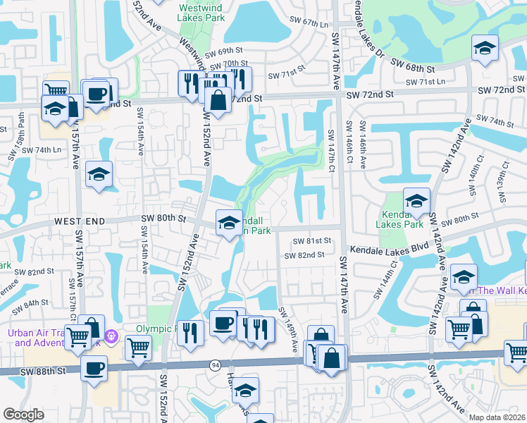 map of restaurants, bars, coffee shops, grocery stores, and more near 14911 Southwest 80th Street in Miami