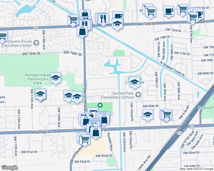 map of restaurants, bars, coffee shops, grocery stores, and more near 8025 Southwest 107th Avenue in Miami