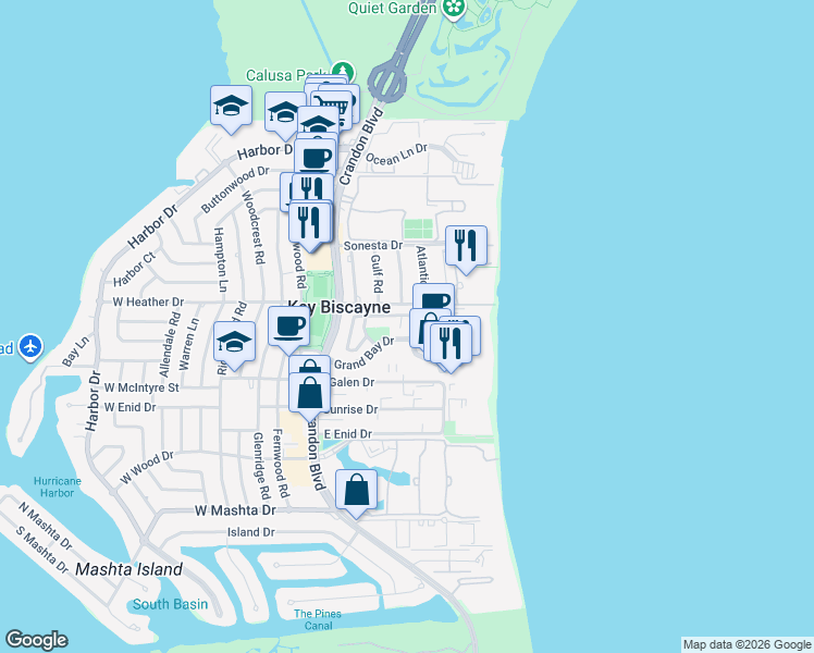 map of restaurants, bars, coffee shops, grocery stores, and more near 2 Turtle Walk in Key Biscayne