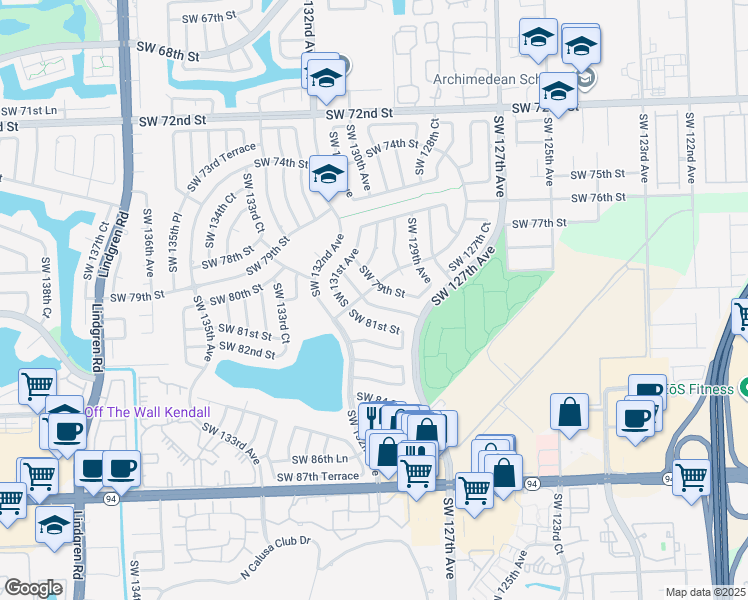 map of restaurants, bars, coffee shops, grocery stores, and more near 13031 Southwest 80th Street in Miami