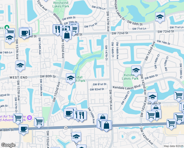map of restaurants, bars, coffee shops, grocery stores, and more near 7810 Southwest 148th Avenue in Miami