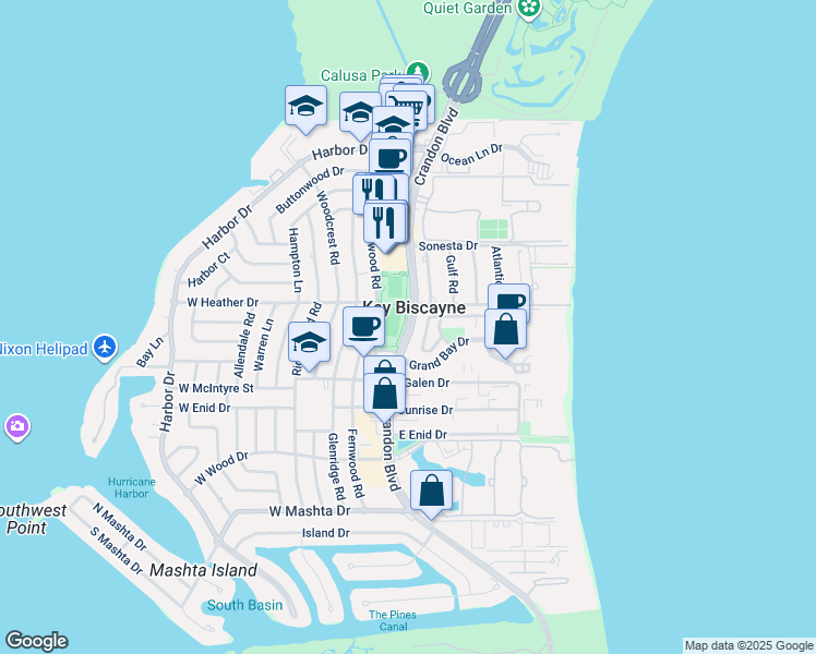 map of restaurants, bars, coffee shops, grocery stores, and more near 320 Crandon Boulevard in Key Biscayne