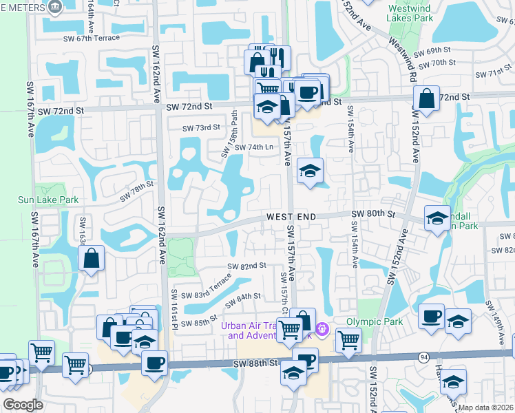 map of restaurants, bars, coffee shops, grocery stores, and more near 7821 Southwest 158th Avenue in Miami