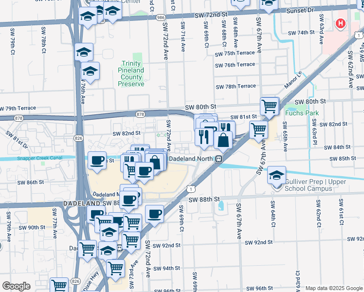 map of restaurants, bars, coffee shops, grocery stores, and more near 8213 Southwest 72nd Avenue in Miami