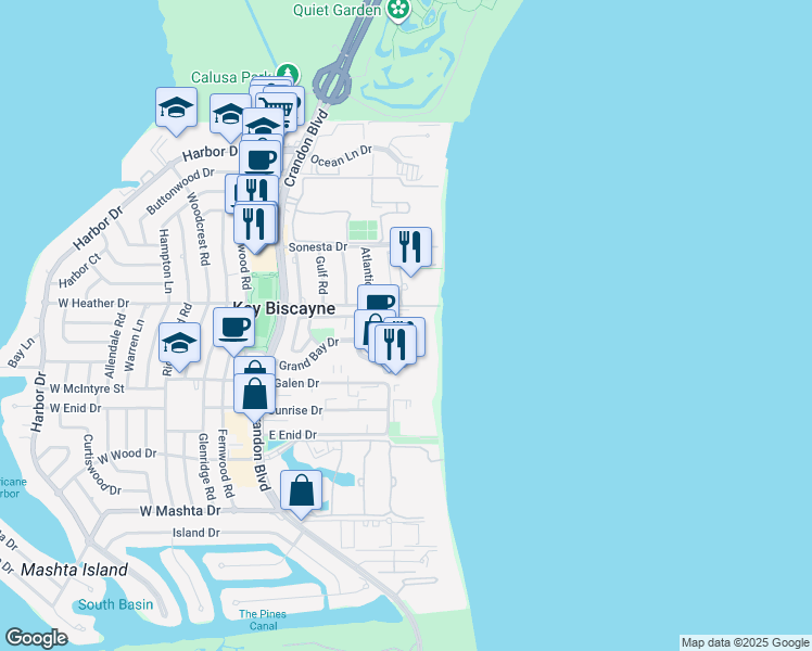 map of restaurants, bars, coffee shops, grocery stores, and more near 430 Grand Bay Drive in Key Biscayne