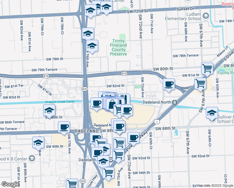 map of restaurants, bars, coffee shops, grocery stores, and more near 7360 Southwest 82nd Street in Miami