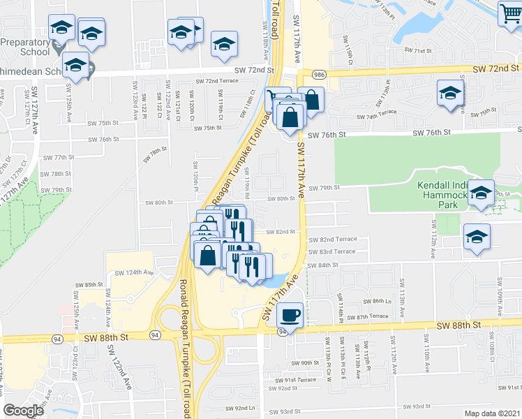 map of restaurants, bars, coffee shops, grocery stores, and more near 8033 Southwest 118th Court in Miami