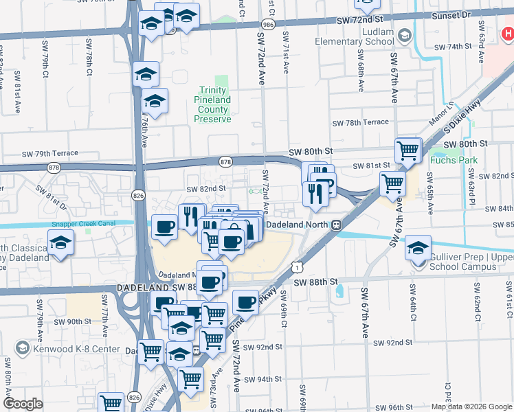 map of restaurants, bars, coffee shops, grocery stores, and more near 8255 Southwest 72nd Court in Miami