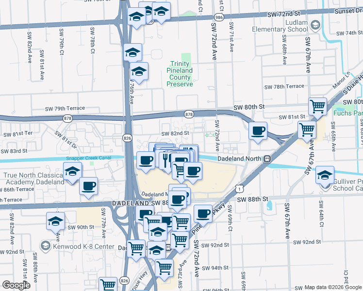 map of restaurants, bars, coffee shops, grocery stores, and more near 7360 Southwest 82nd Street in Miami