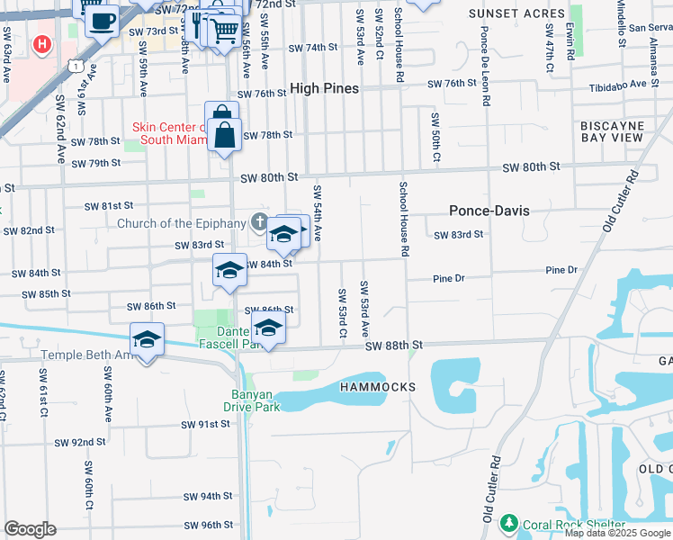 map of restaurants, bars, coffee shops, grocery stores, and more near 5350 Southwest 84th Street in Miami