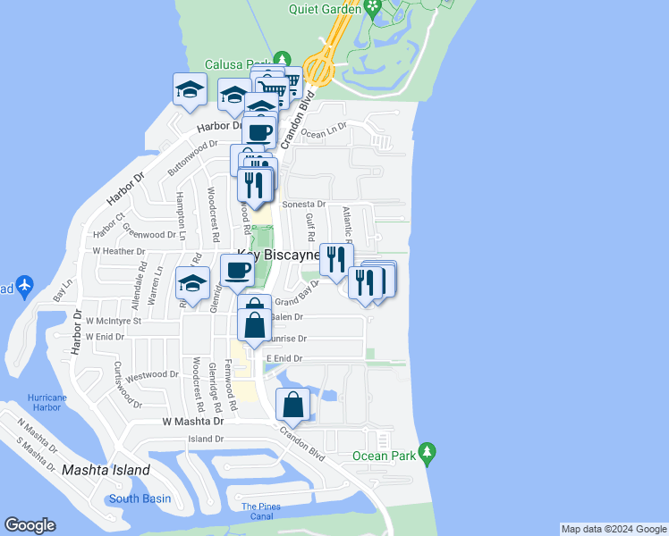map of restaurants, bars, coffee shops, grocery stores, and more near 4 Coconut Lane in Key Biscayne