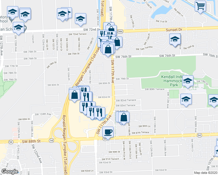 map of restaurants, bars, coffee shops, grocery stores, and more near 8000 Southwest 117th Avenue in Kendall