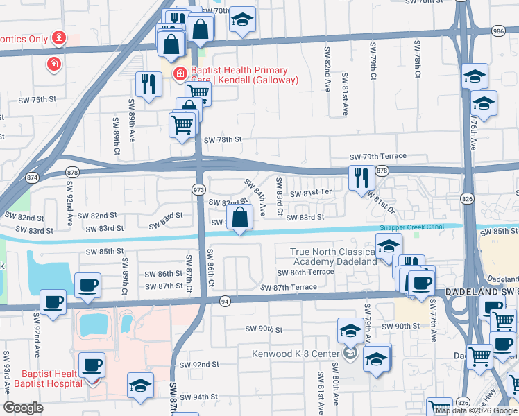 map of restaurants, bars, coffee shops, grocery stores, and more near 8345 Southwest 82nd Terrace in Miami