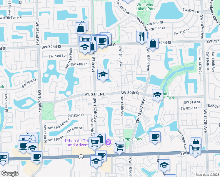 map of restaurants, bars, coffee shops, grocery stores, and more near 15471 Southwest 77th Circle Avenue in Miami