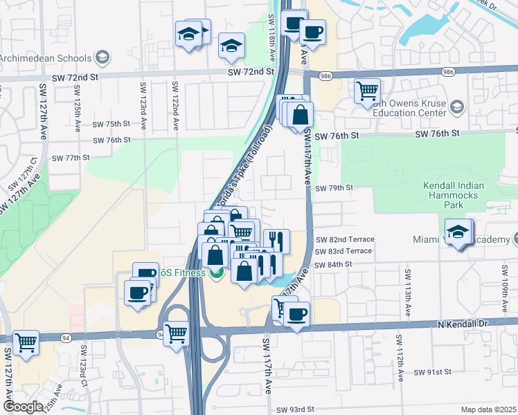 map of restaurants, bars, coffee shops, grocery stores, and more near 8033 Southwest 118th Court in Miami