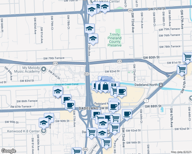 map of restaurants, bars, coffee shops, grocery stores, and more near 7590 Southwest 82nd Street in Miami