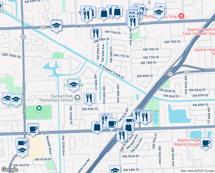 map of restaurants, bars, coffee shops, grocery stores, and more near 9850 Southwest 81st Street in Miami