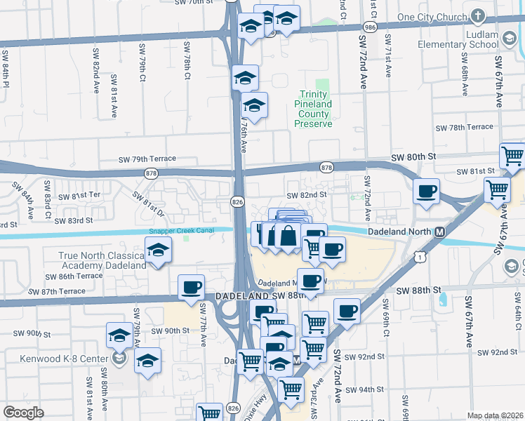 map of restaurants, bars, coffee shops, grocery stores, and more near 7600 Southwest 82nd Street in Miami