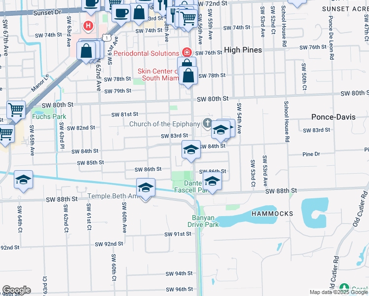 map of restaurants, bars, coffee shops, grocery stores, and more near 5740 Southwest 84th Street in Miami