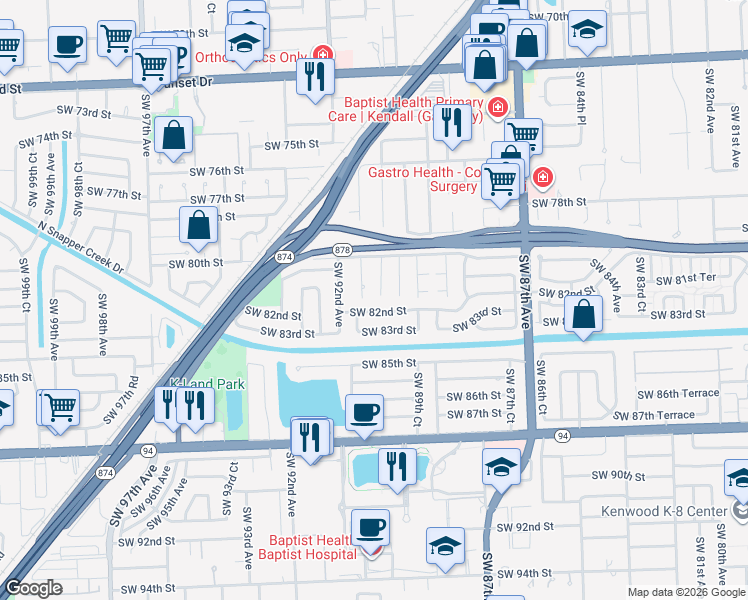 map of restaurants, bars, coffee shops, grocery stores, and more near 8131 Southwest 90th Avenue in Miami