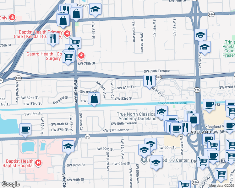 map of restaurants, bars, coffee shops, grocery stores, and more near 8234 Southwest 81st Terrace in Miami